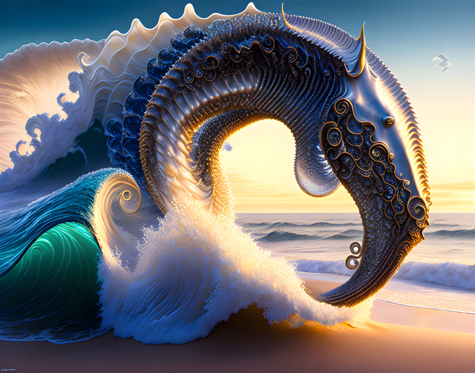 Surreal digital artwork: Massive wave curls into nautilus shell structure