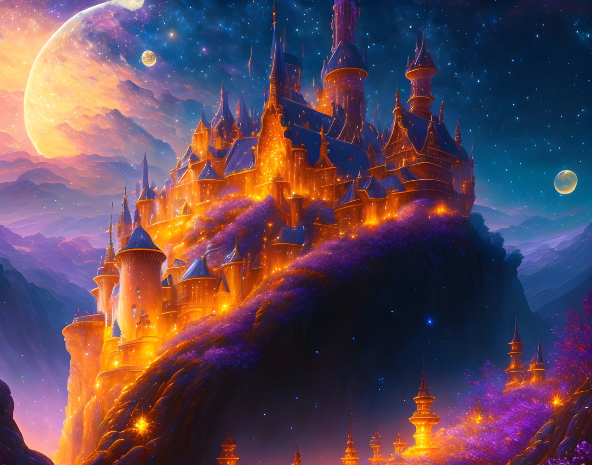 Fantastical castle on cliff under starry sky with two moons, warm lights, purple foliage