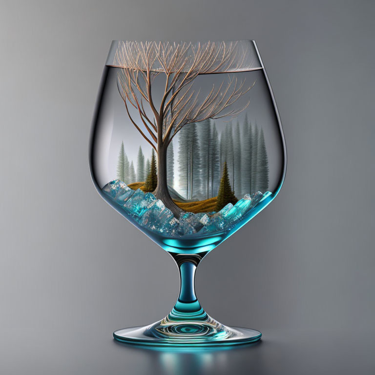 Surreal miniature landscape in snifter glass with trees, rocks, and water