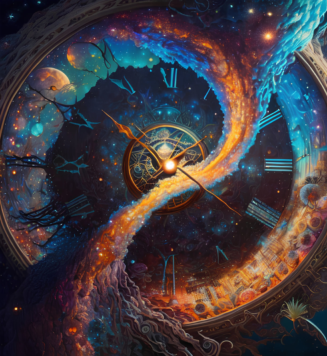 Swirling galaxy and astrolabe in mystical cosmic scene