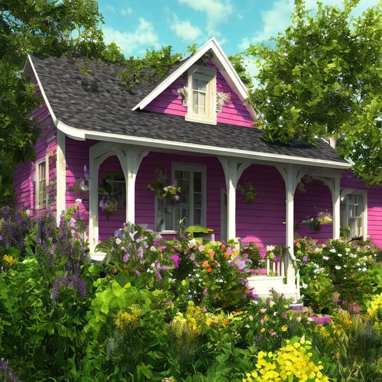 Purple house with white trim in lush garden under sunny sky