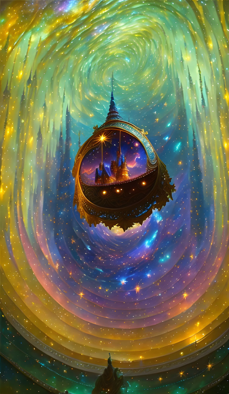 Fantastical cosmic illustration of swirling galaxy with floating island and magical castle under starry sky