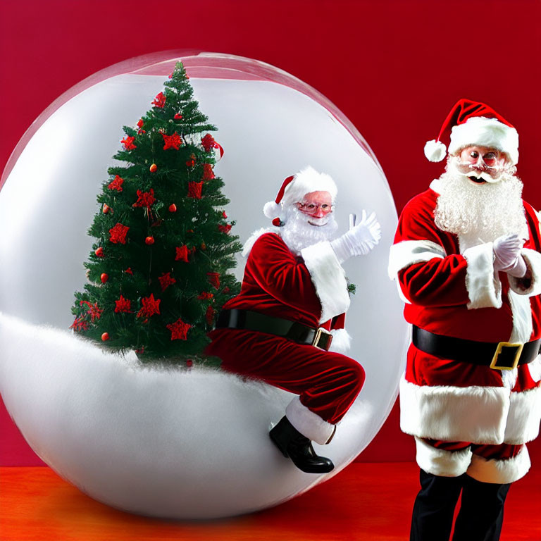 Two Santa Claus Costumes Posed by Christmas Tree on Red Background