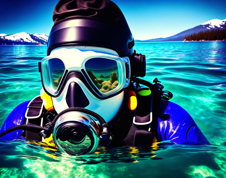 Scuba diver in full face mask on blue water with snowy mountains