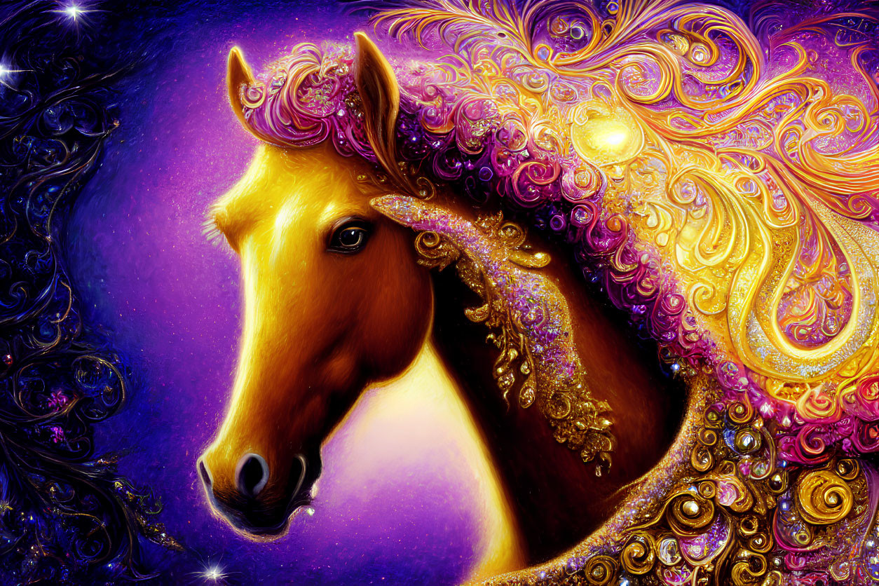 Colorful horse digital artwork with gold and purple filigree on cosmic background