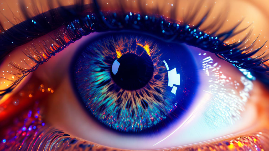 Vibrant blue human eye with digital code reflections