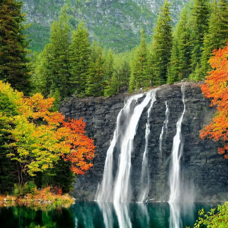 Tranquil waterfall in autumn forest reflected in turquoise lake