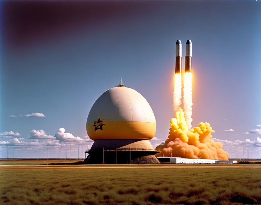 Rocket launch beside dome-shaped building under clear sky and billowing smoke clouds