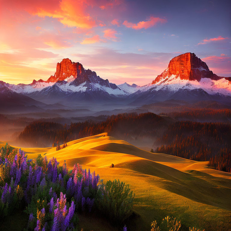 Scenic sunrise landscape with hills, flowers, and mountains