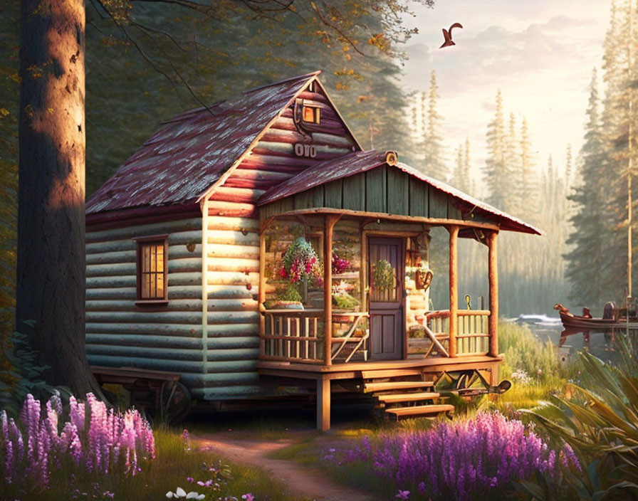 Rustic wooden cabin in lush forest with porch and bird in warm sunlight