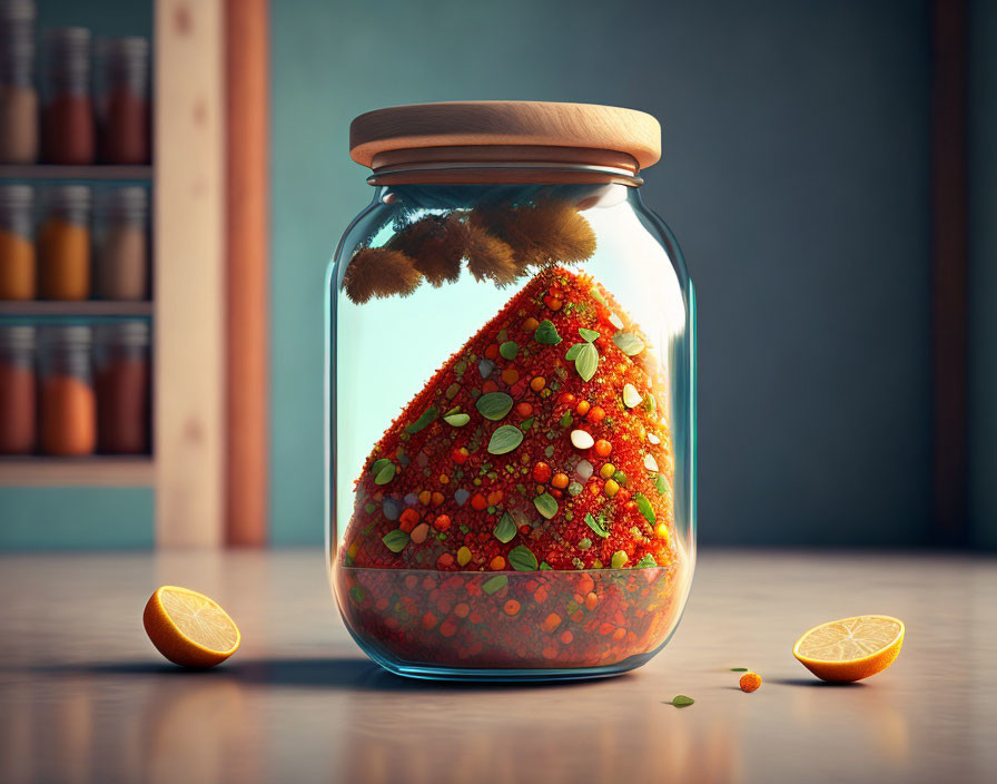 Colorful spices in sealed transparent jar with herbs and lemon on wooden surface.