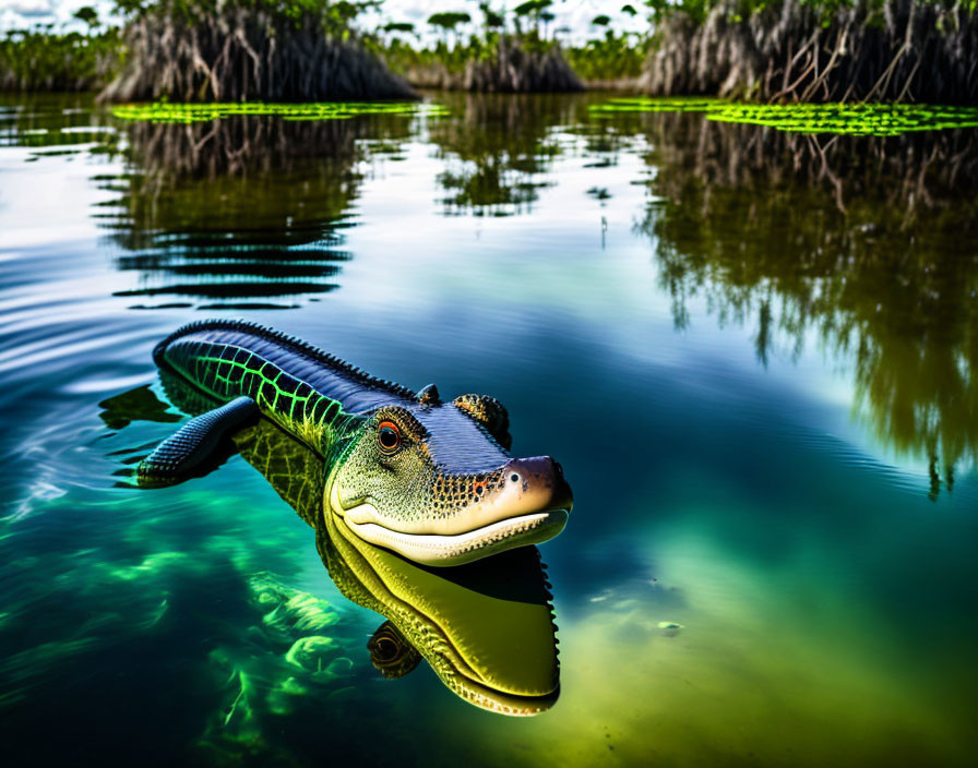 Alligator in Tranquil Waters with Vibrant Green Foliage