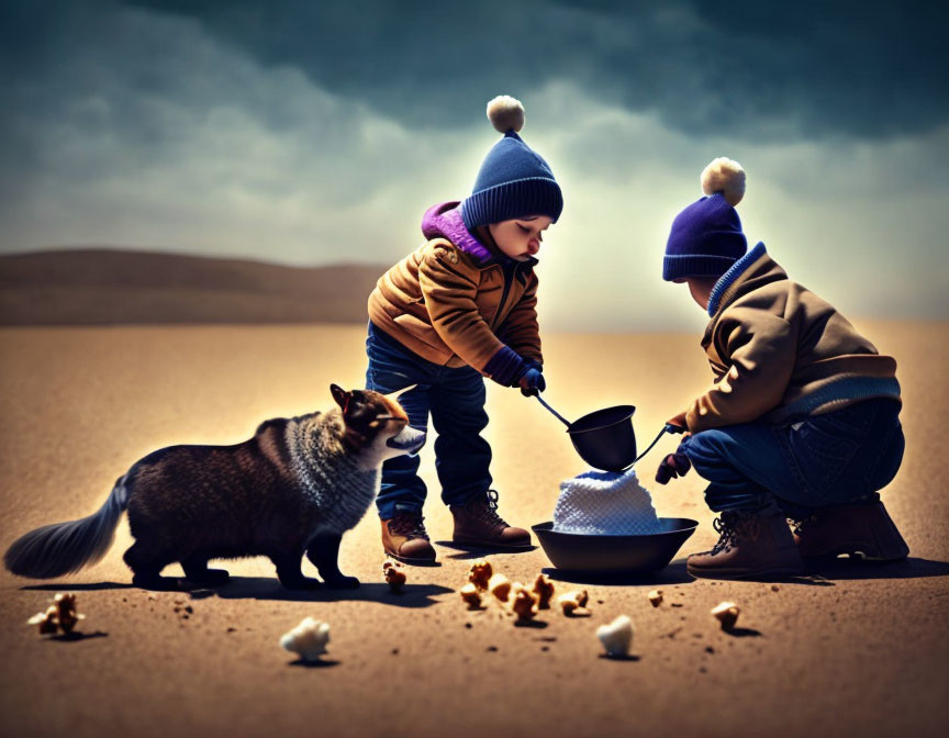 Children playing with shovels and a pot in sand, watched by a fox and popcorn kernels,