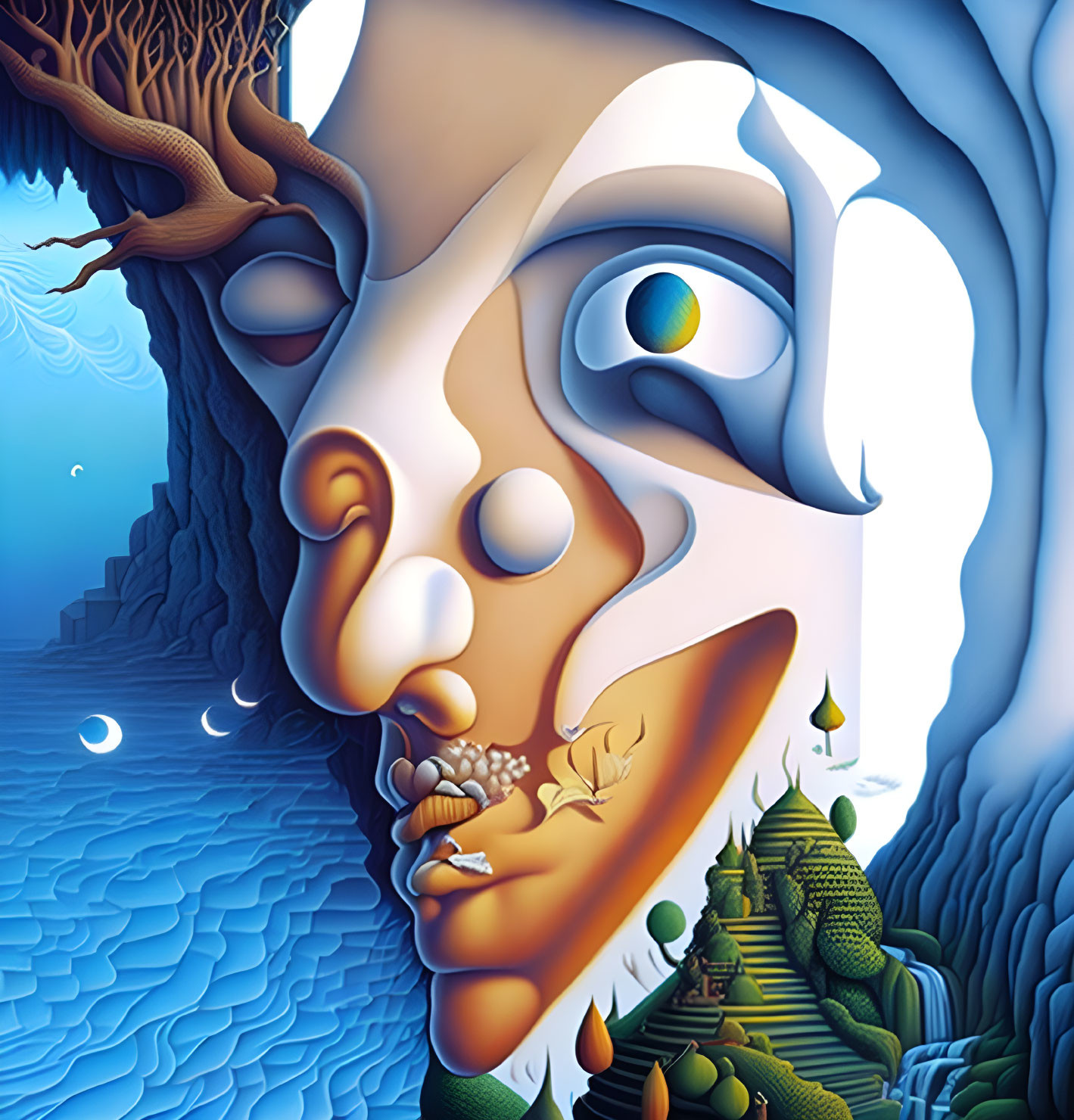 Surrealist image of face merging with landscape scenery