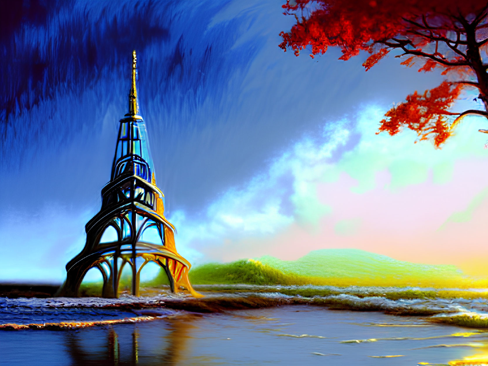 Futuristic organic tower near water under vibrant sky with red tree