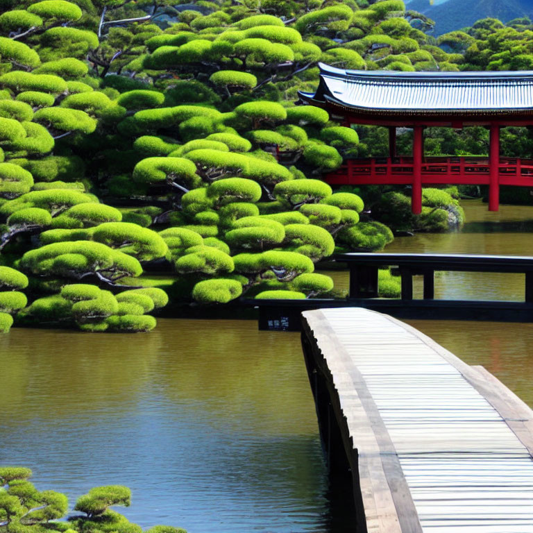 Tranquil Japanese garden with red curved bridge, lush green trees, and traditional building