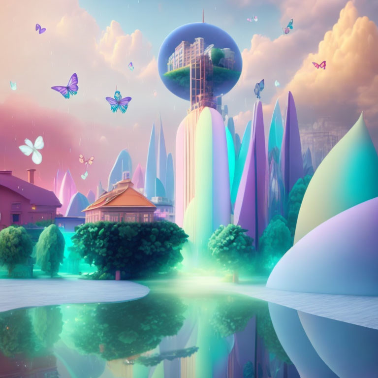 Colorful Glossy Hills, Butterflies, Futuristic Building, Water Body: Surreal Landscape