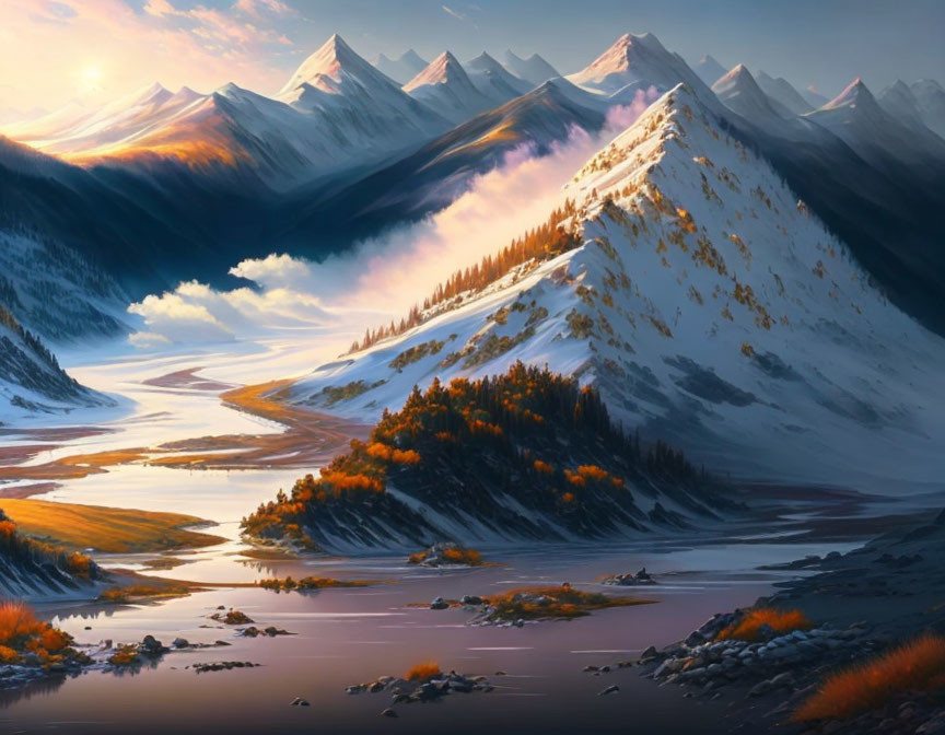 Snow-capped peaks, winding river, autumn forests in sunrise landscape