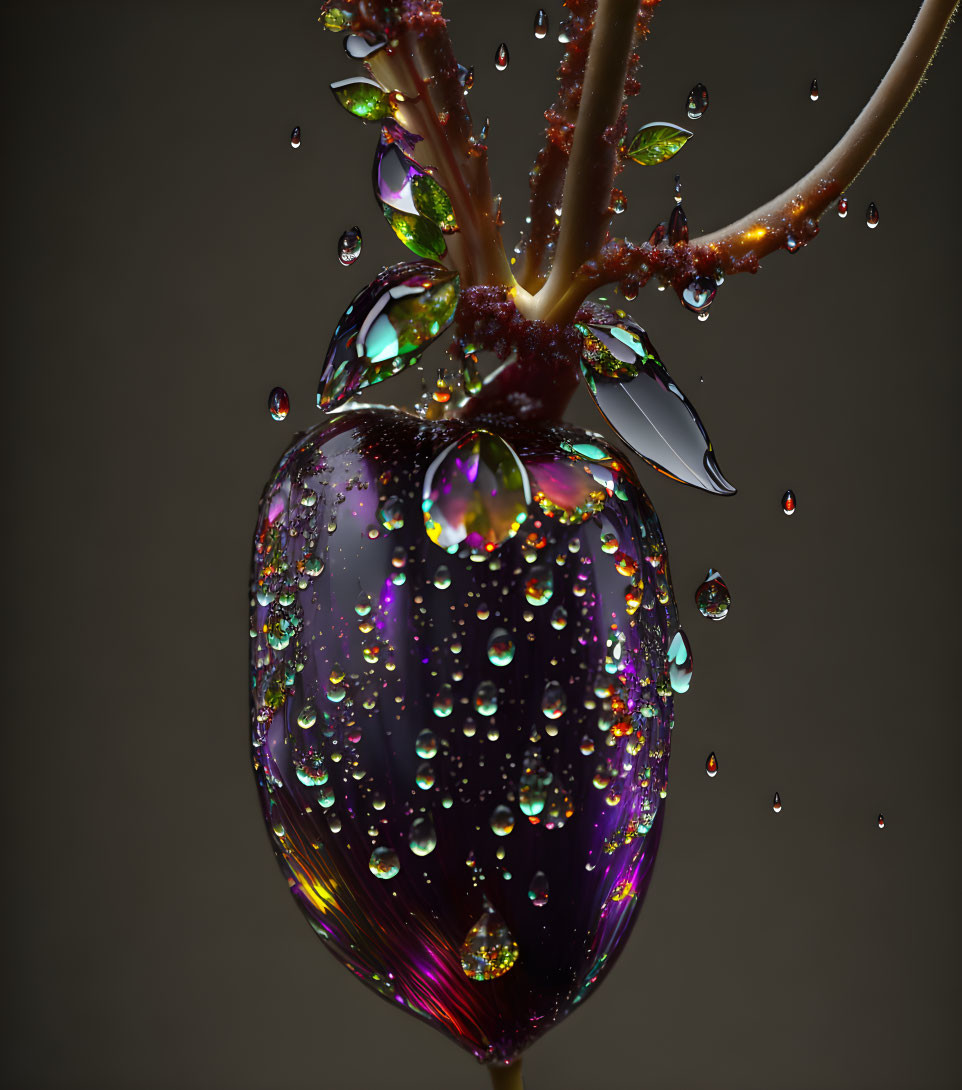 Shiny apple with multicolored water droplets on dark background