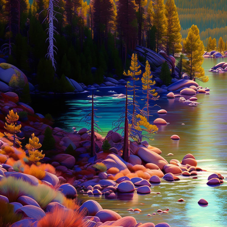 Colorful riverbank landscape with vibrant vegetation and mystical twilight ambiance