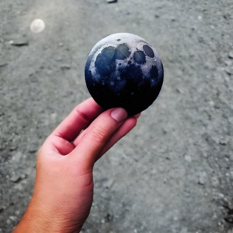 Hand holding moon-like sphere on blurry background