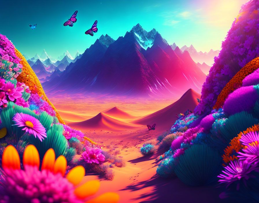 Colorful Flora, Butterflies, Dunes & Snowy Mountains in Sunset Digital Art