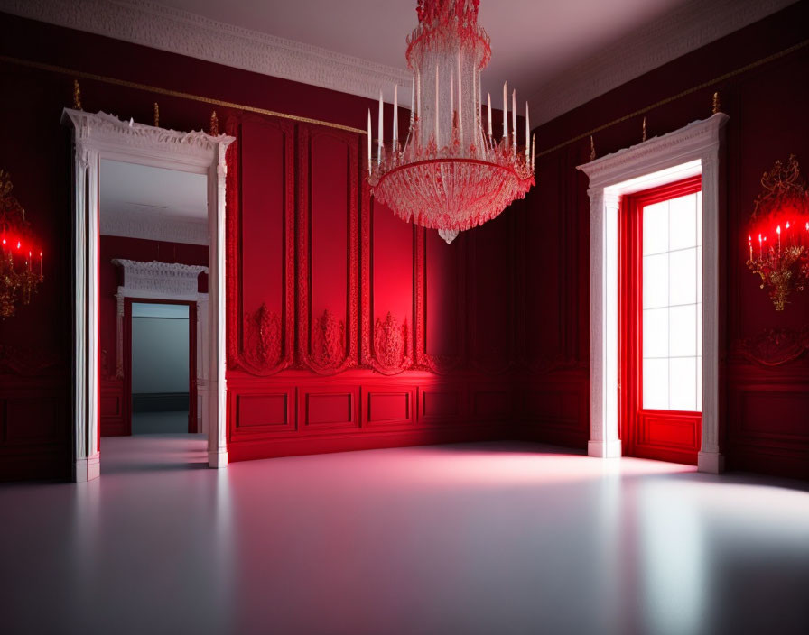 Luxurious Red Room with Crystal Chandelier and Sunlit Window