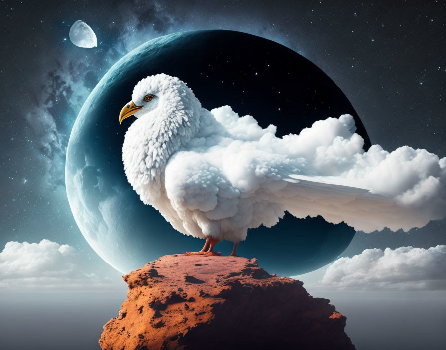 Majestic eagle on rocky outcrop with planet and moon in starlit sky