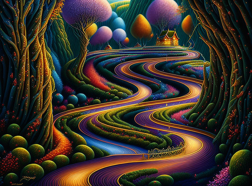 Colorful surreal landscape with winding pathways and whimsical structures