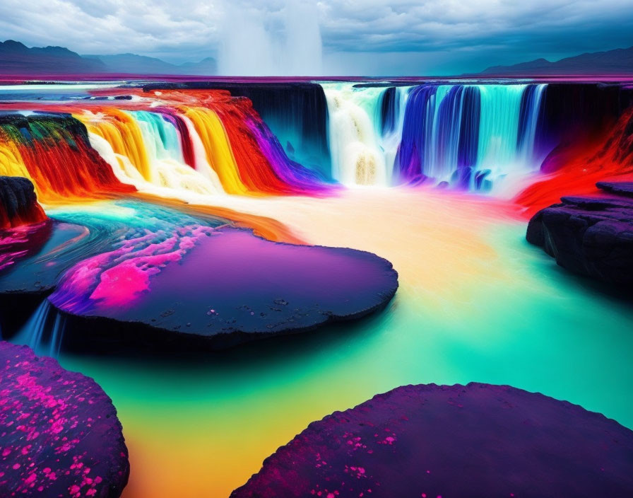 Colorful Rainbow Waterfall in Surreal Stormy Landscape