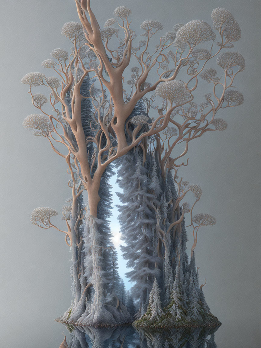 Surreal tree with coral-like branches on reflective surface, holding a snow-covered landscape.