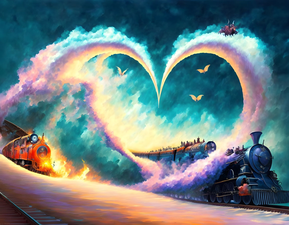 Vintage trains emit colorful smoke forming heart shape in twilight sky with birds and small airplane