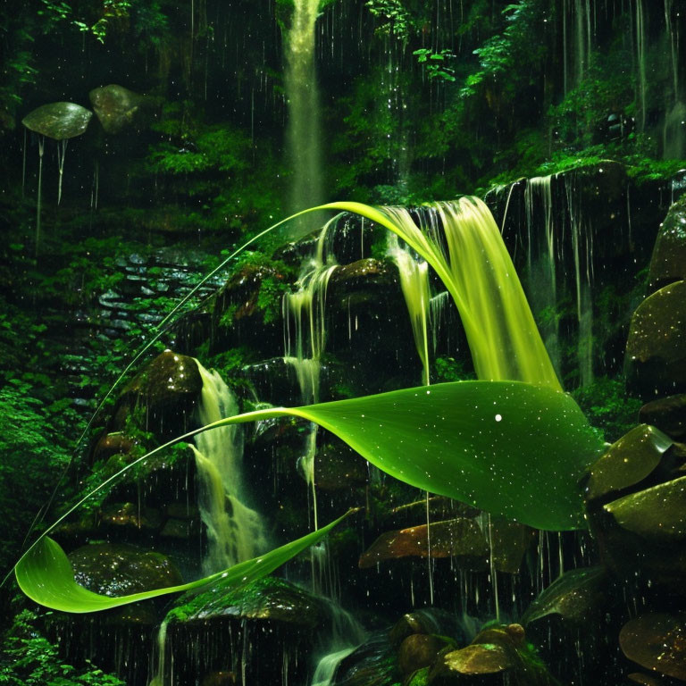 Tranquil waterfall over mossy rocks in lush forest