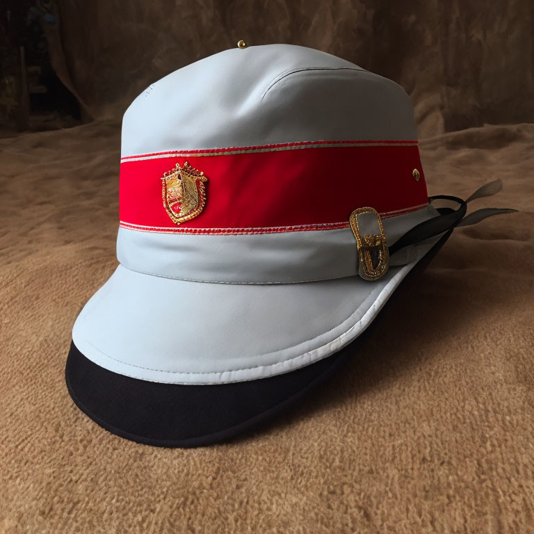 White Dress Uniform Hat with Red Band & Gold Insignia on Brown Background