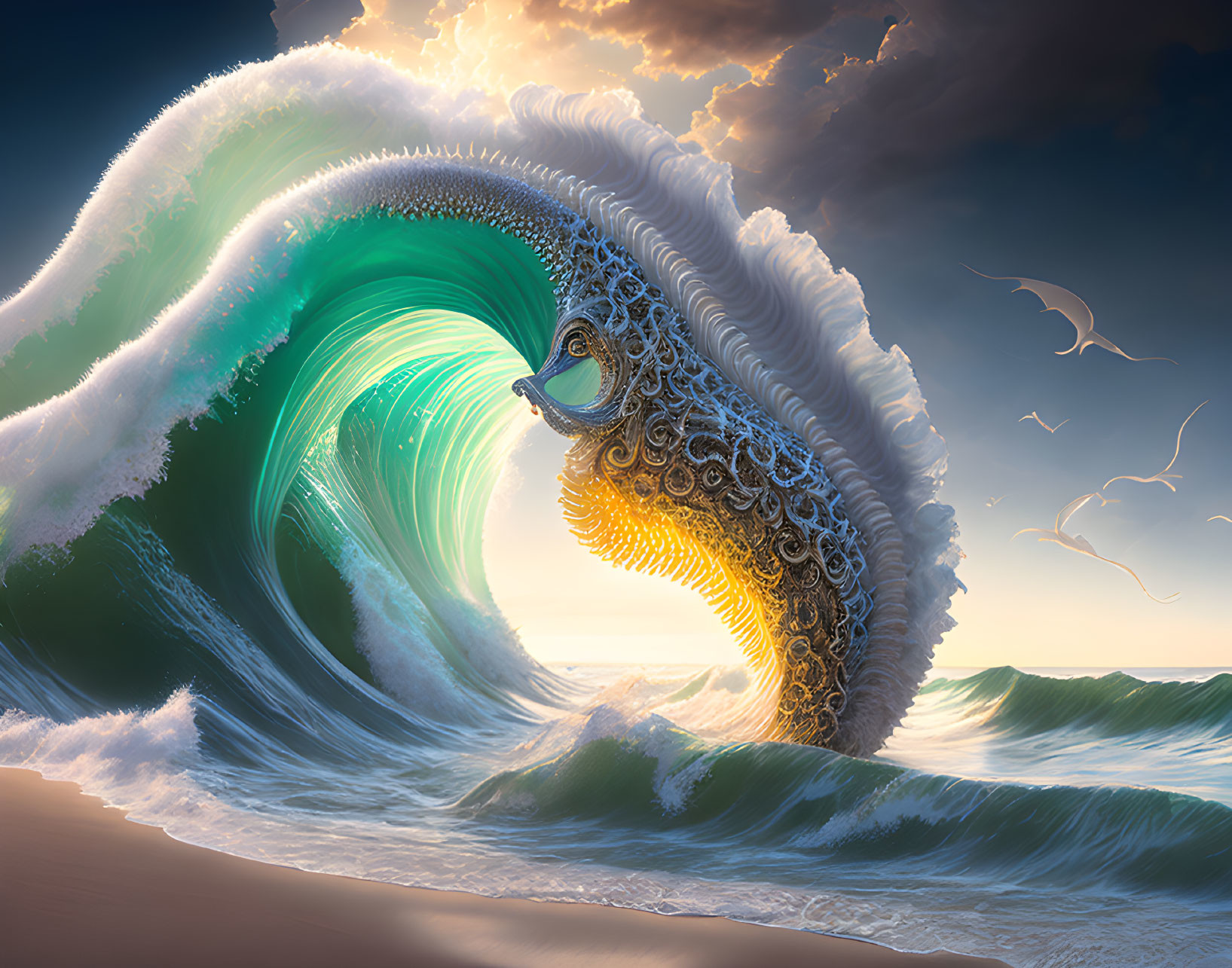 Digital artwork: Large ornate mechanical wave under dramatic sunset sky with seabirds