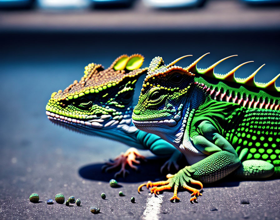 Vibrant Green and Orange Iguanas on Dark Surface