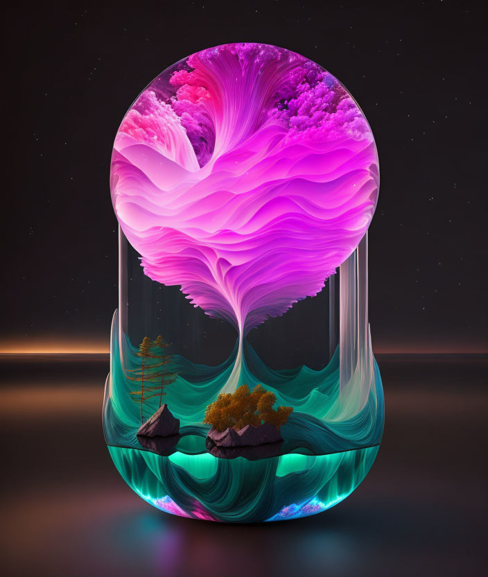 Colorful digital artwork: Tree in pink and purple shades, roots underwater with islands, enclosed in glass