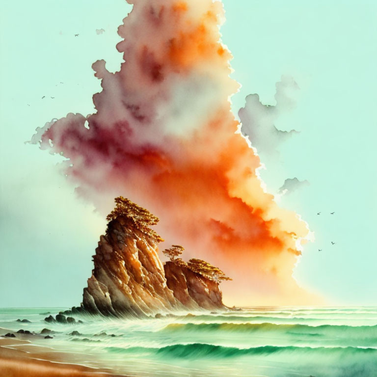 Rocky Islet Painting: Trees, Dramatic Sky, Orange Clouds, Turquoise Waves