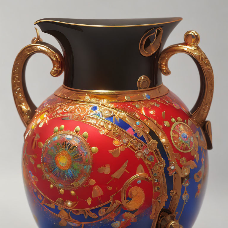 Red and Gold Ornate Vase with Enamel and Gemstone Accents