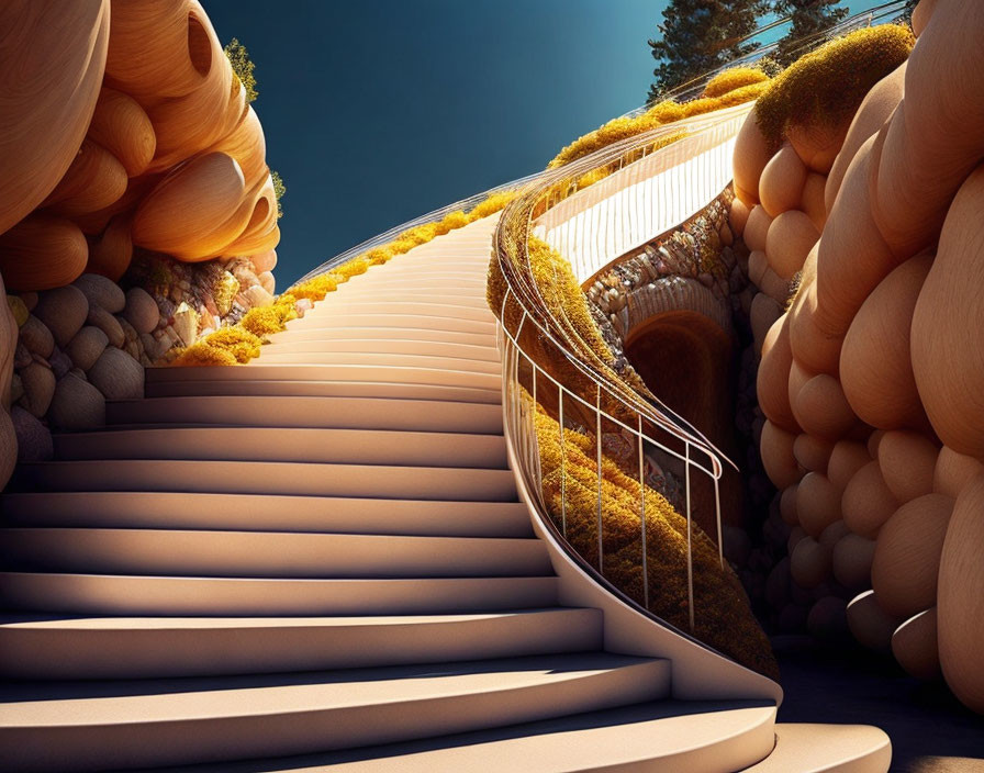 Surreal staircase among organic structures with yellow foliage