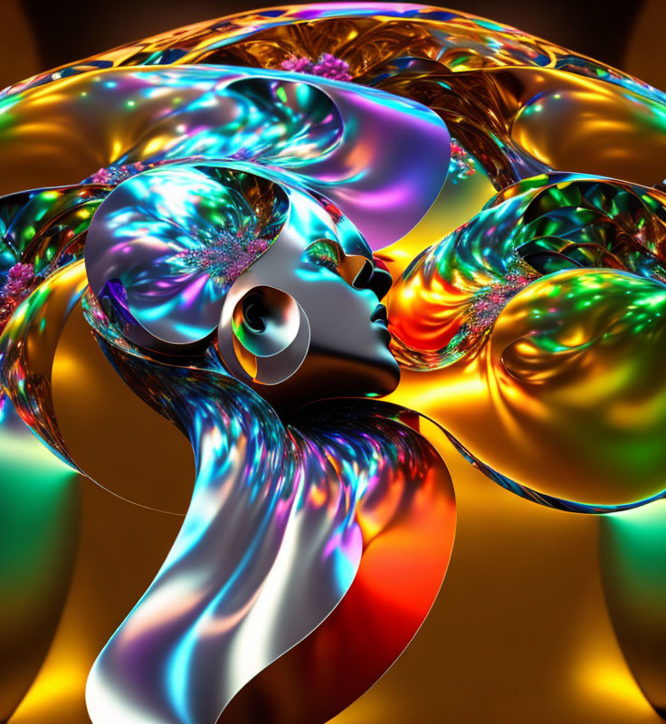 Colorful digital artwork of woman with luminous hair and iridescent bubbles on dark backdrop