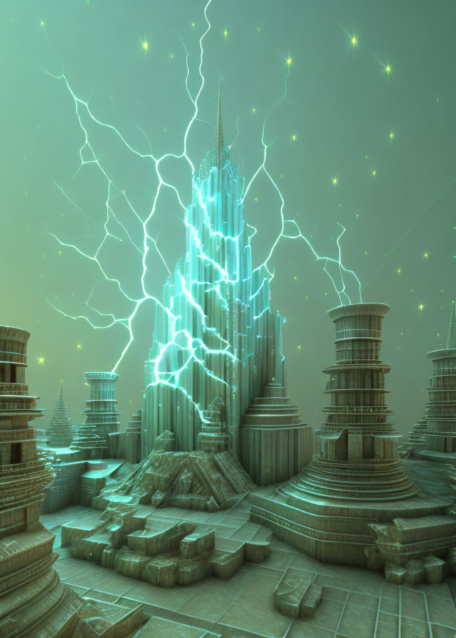 Neon-blue tower struck by lightning in ancient setting under green-tinged sky