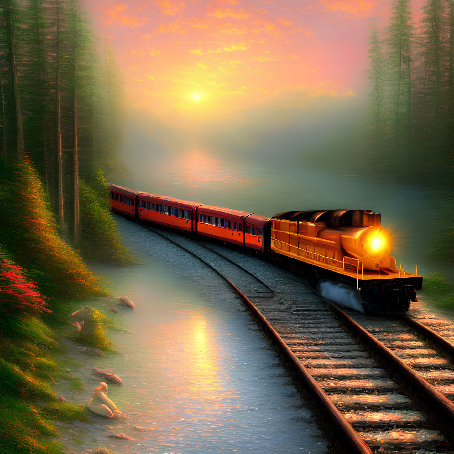 Scenic forest train journey at sunset