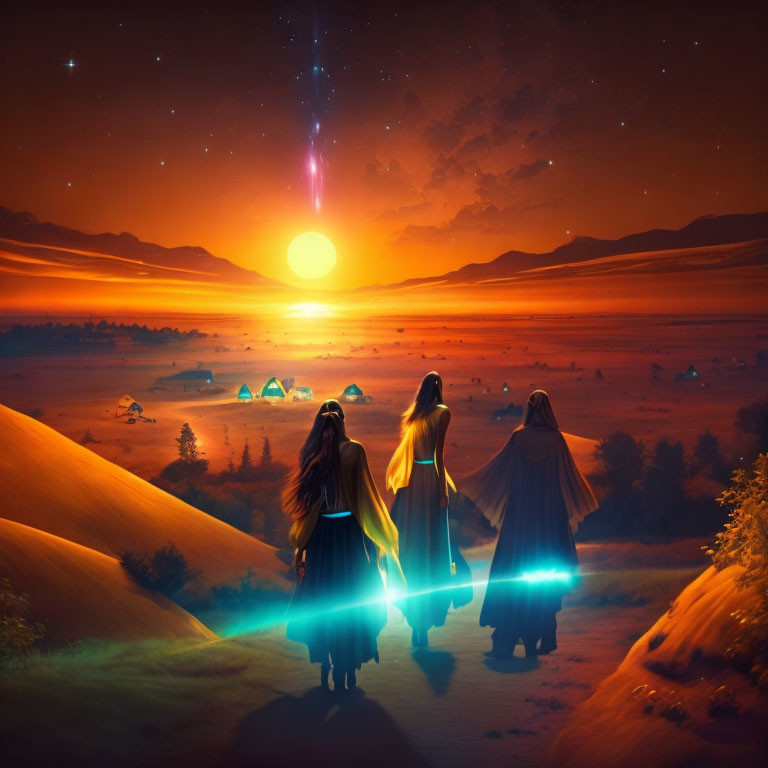 Robed figures with glowing sabers in desert sunset scene