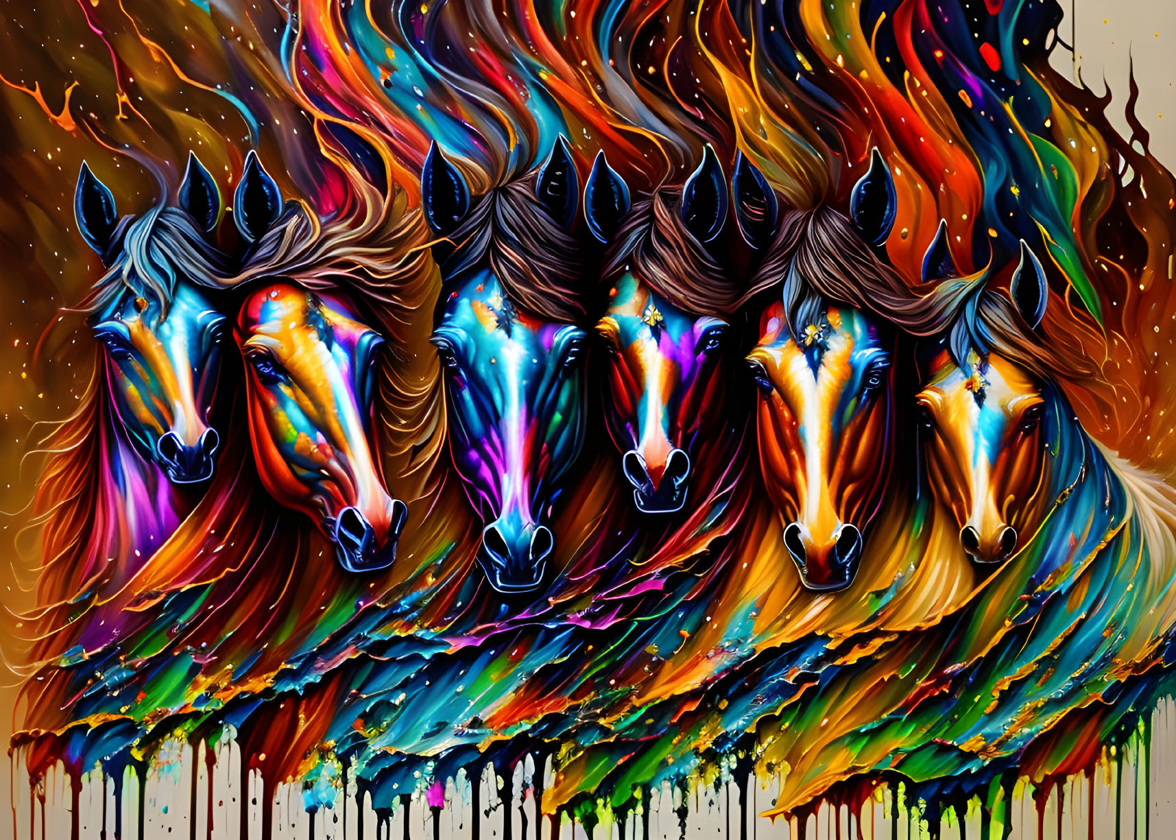 Colorful Abstract Horse Painting with Rainbow Manes on Dynamic Background