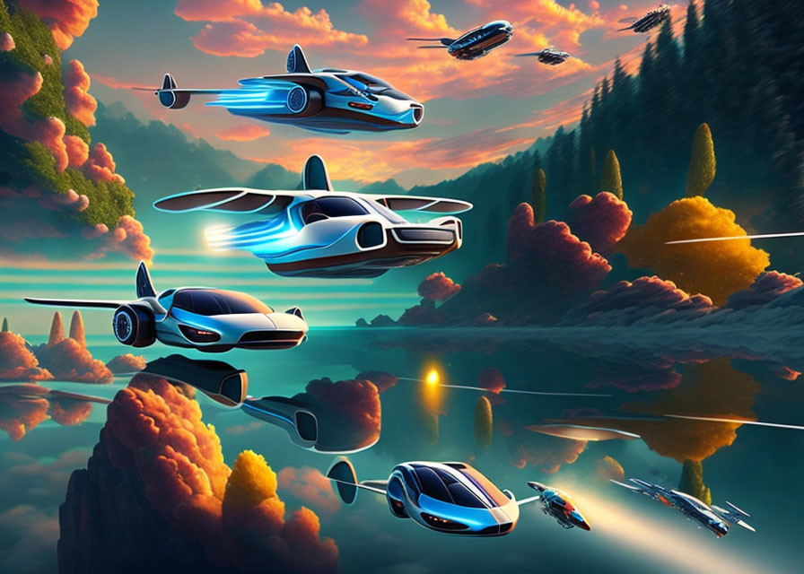 Futuristic flying cars over reflective water in vibrant sunset sky