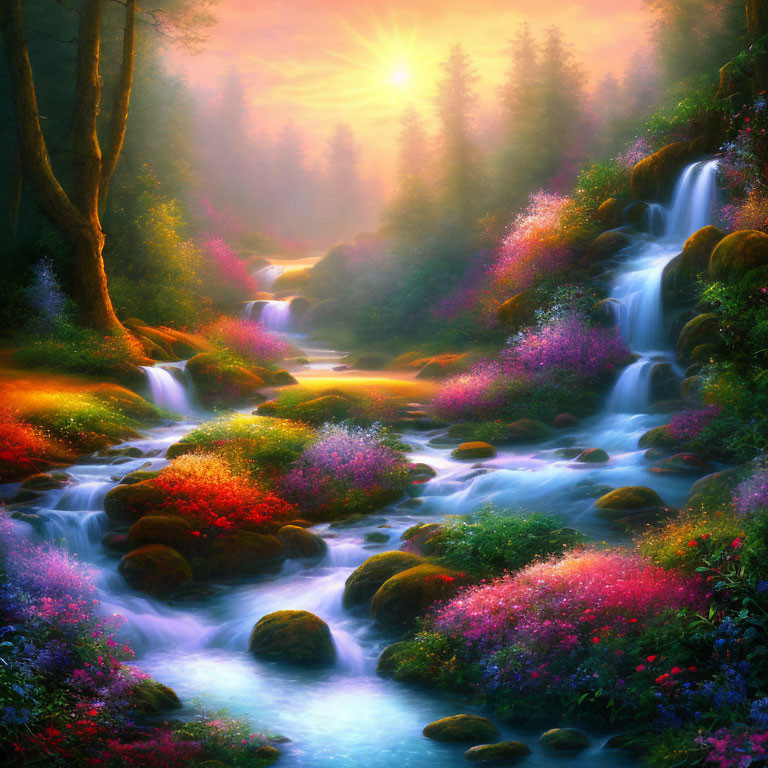 Scenic forest landscape with waterfall, river, and colorful flowers