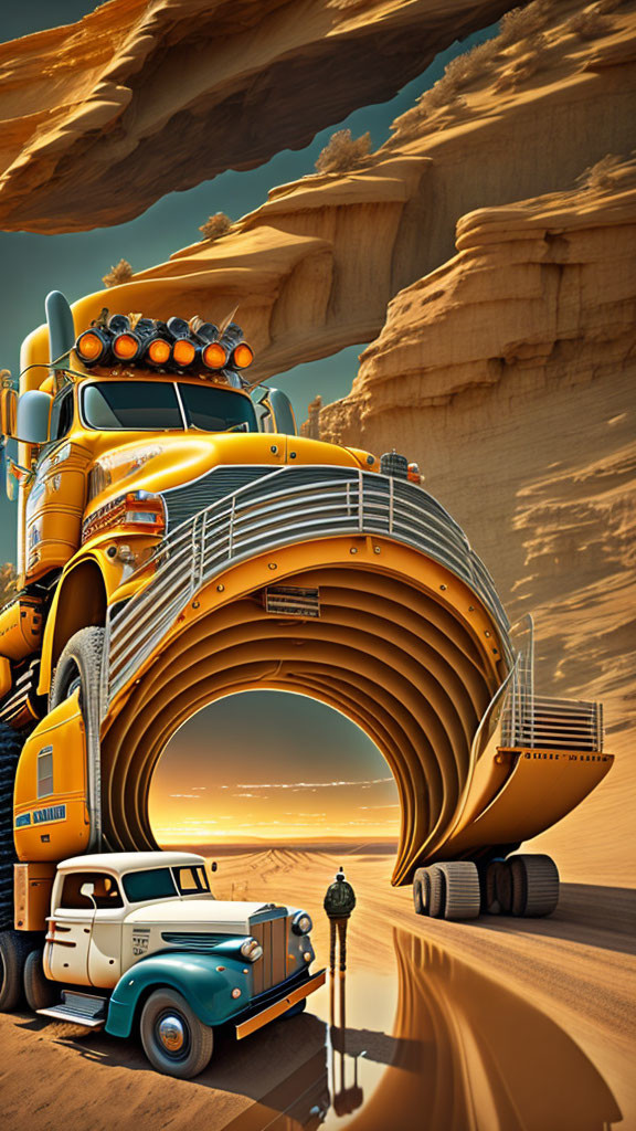 Futuristic yellow truck and blue pickup on desert road