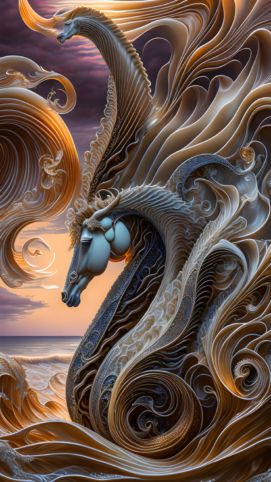 Surreal Horse-Like Figures in Fluid, Ornate Shapes