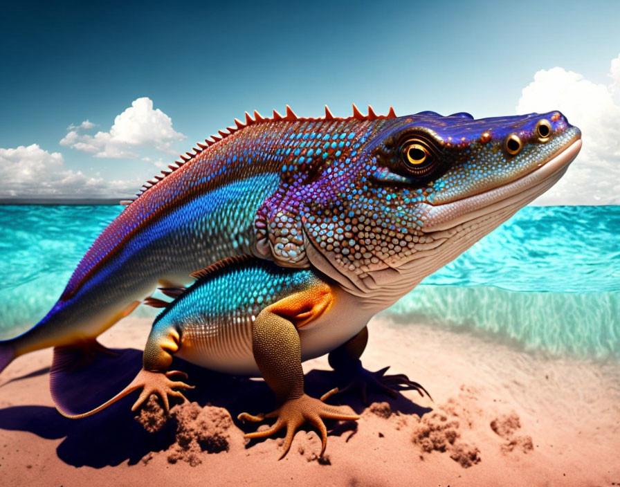 Colorful iguana on tropical beach with blue skies and clear water